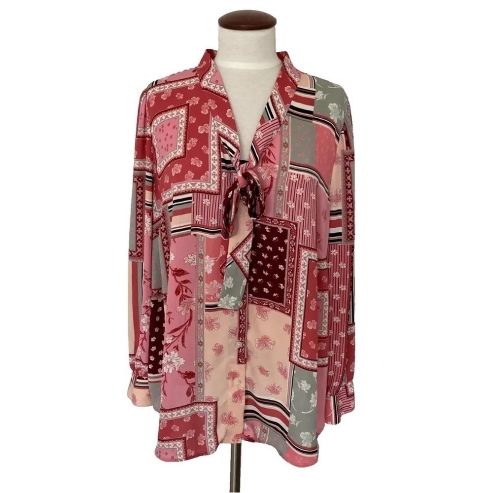 TALBOTS Plus Blouse Womens 2X Top Floral Long Sleeve Pink White Gray